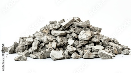 A compact pile of crushed concrete pieces, laid out randomly against a seamless white backdrop for construction themes