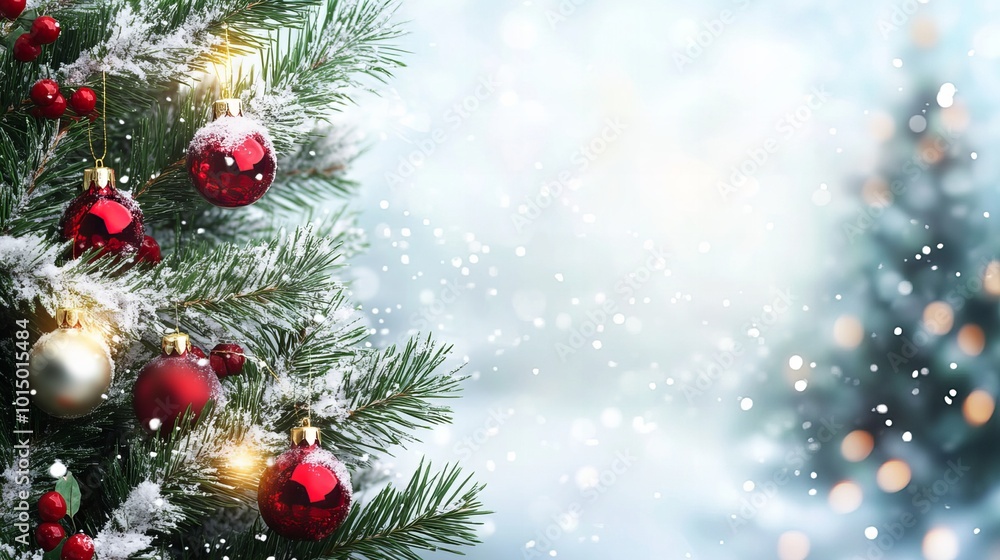 Fototapeta premium A snowy landscape with two red Christmas ornaments on a tree branch. The scene is peaceful and serene, with the snow covering the ground and the ornaments adding a festive touch to the winter scenery