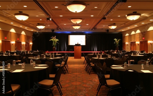 A well-prepared conference room with round tables, a podium, and a presentation screen, ideal for meetings or events.