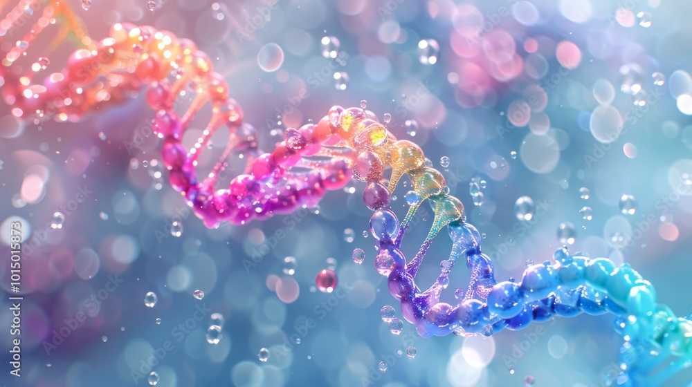 Beautiful rainbow DNA double helix spiral with light bokeh and bubbles, gracefully floating on a blue backdrop Beautiful rainbow DNA double helix spiral with light bokeh and bubbles, gracefully floating on a blue backdrop