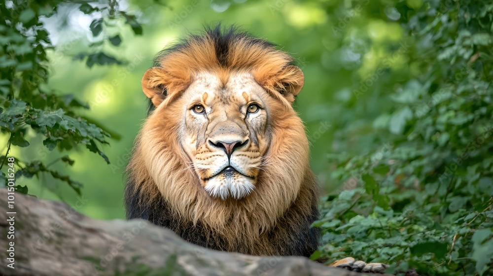 Fototapeta premium A majestic lion lounging in the sun, its golden mane illuminated against a vibrant green backdrop. The photograph captures the animal is fierce expression, framed beautifully to evoke a sense of