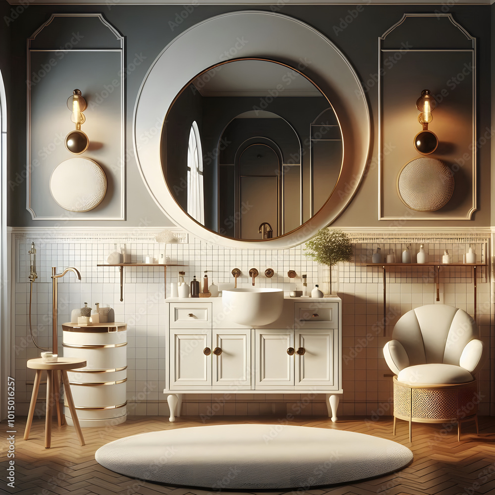 A bath room with a sink a mirror and a chair A bath room with a sink a mirror and a chair