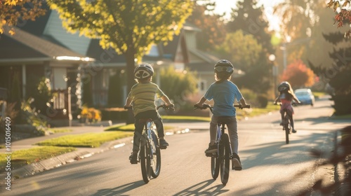 Children riding bikes on a suburban street