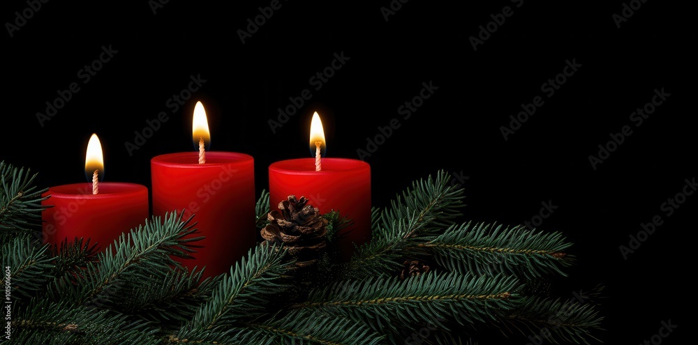 a picture of three red candles on pine branches. a picture of three red candles on pine branches.