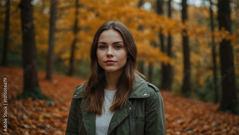 Portrait of a woman in an autumn forest surrounded by orange leaves. Portrait of a woman in an autumn forest surrounded by orange leaves.