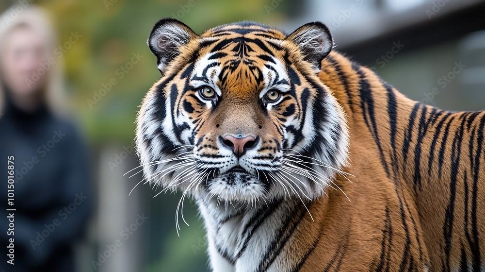 Fototapeta premium A striking close-up of a tiger is face, revealing its intense gaze and detailed fur patterns. The rich colors and focused depth create a dramatic and captivating image that draws the viewer in,