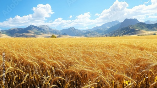 A cornfield with ripe golden ears of corn ready for harvest, against a backdrop of mountains.