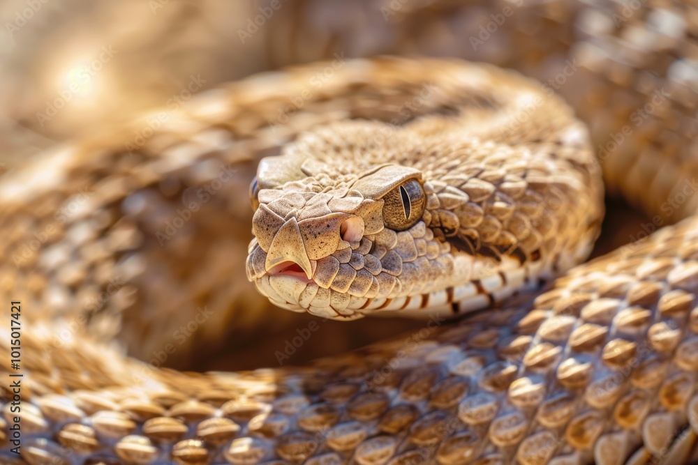 Detailed Close-Up of a Rattlesnake Coiled in Desert Environment for Wildlife and Nature Photography Detailed Close-Up of a Rattlesnake Coiled in Desert Environment for Wildlife and Nature Photography