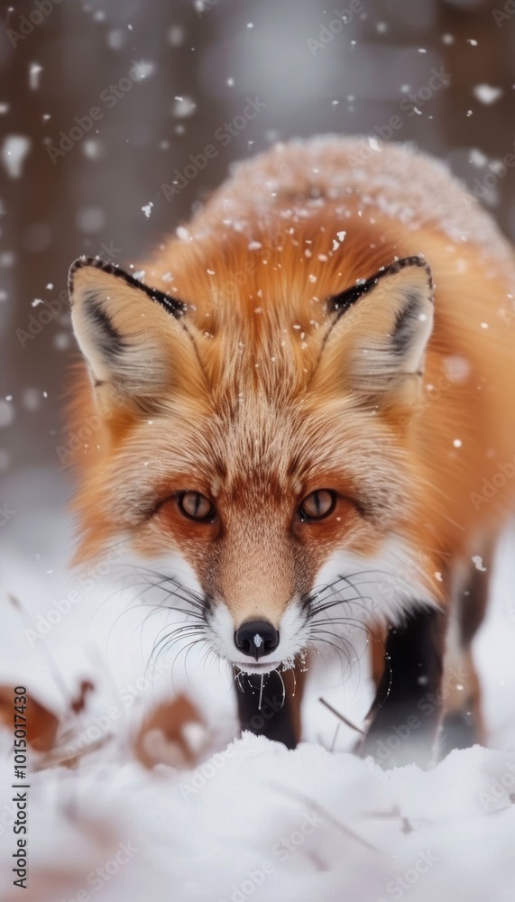 Fototapeta premium Red Fox in Winter Forest - Captivating Wildlife Close-Up for Nature Photography Enthusiasts