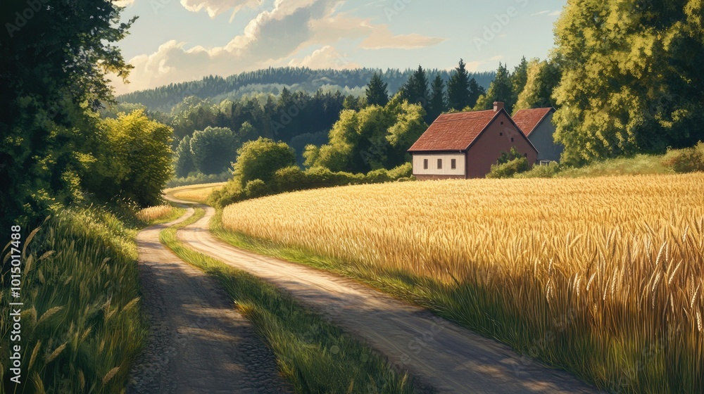 A country road flanked by barley fields, leading to a farmhouse nestled at the edge of a forest. A country road flanked by barley fields, leading to a farmhouse nestled at the edge of a forest.