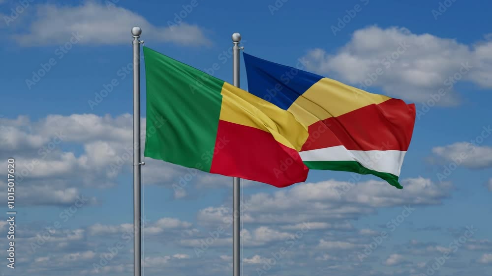 Seychelles and Benin flags flying together, video concept of the relationship, two country relations concept Seychelles and Benin flags flying together, video concept of the relationship, two country relations concept