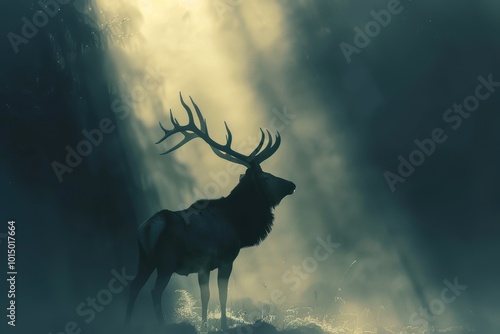 Majestic Elk in a Fog-Covered Forest - Early Morning Light and Mystical Atmosphere for Nature Photography