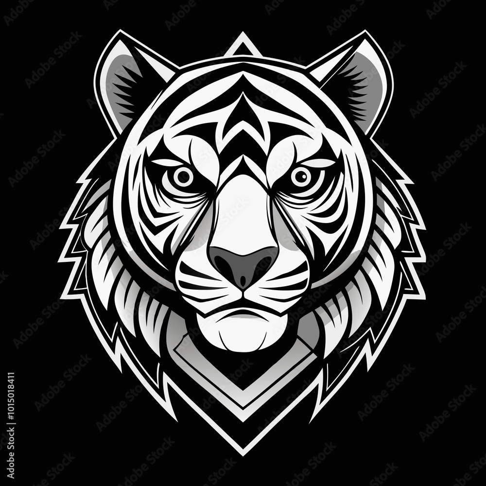 Minimalistic bold tiger face in close-up with clean lines and geometric shapes, monochromatic color scheme and high contrast, centered composition for t-shirt print Minimalistic bold tiger face in close-up with clean lines and geometric shapes, monochromatic color scheme and high contrast, centered composition for t-shirt print