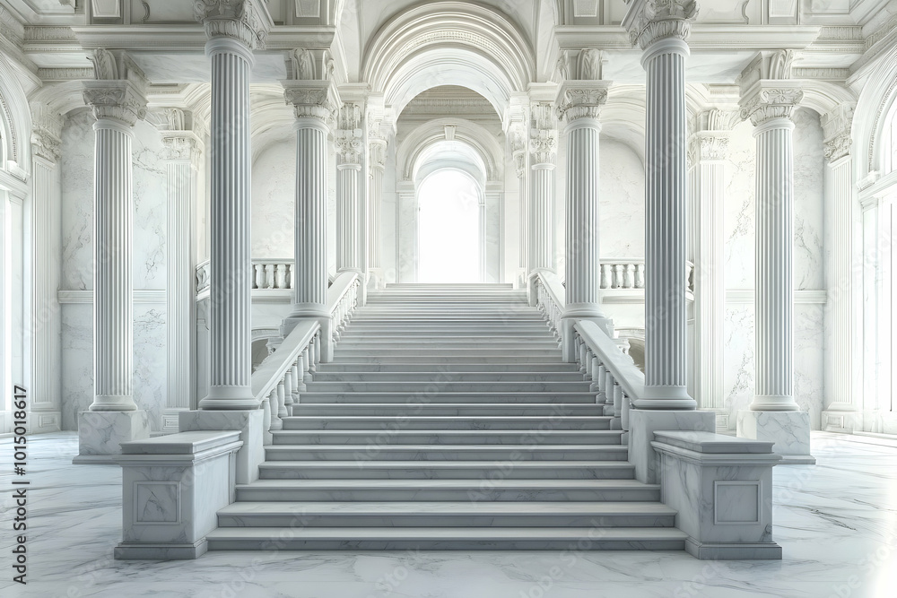 White Marble Staircase in a Grand Hallway 3D Illustration White Marble Staircase in a Grand Hallway 3D Illustration