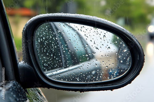 Rain Drops On A Rearview Mirror Photo