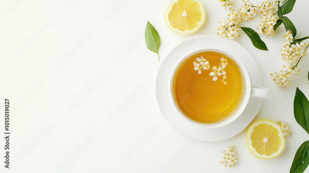 A cup of fragrant elderflower and lemon tea on a clean white background, offering ample copy space for branding or messages A cup of fragrant elderflower and lemon tea on a clean white background, offering ample copy space for branding or messages