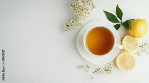 Wallpaper Mural A cup of fragrant elderflower and lemon tea on a clean white background, offering ample copy space for branding or messages Torontodigital.ca