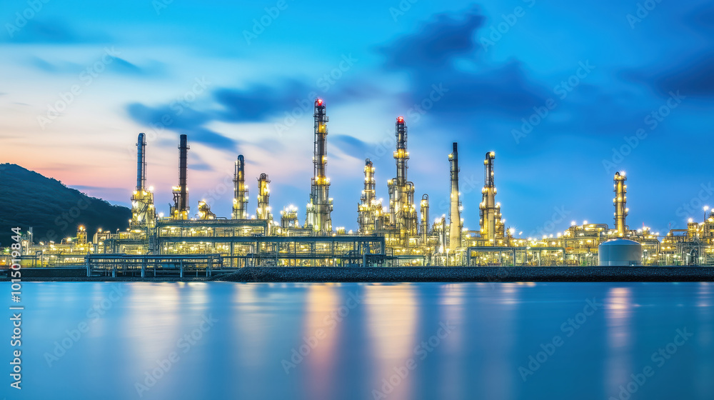 Illuminated Oil Refinery at Night Overlooked by a Tranquil Sky and Water Reflection in an Industrial Landscape Illuminated Oil Refinery at Night Overlooked by a Tranquil Sky and Water Reflection in an Industrial Landscape