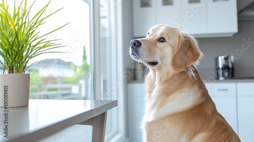 An upscale kitchen scene showcasing a golden retriever sitting attentively next to a modern dining table adorned with tasteful decor, capturing the bond between pets and their owners in a luxurious photo