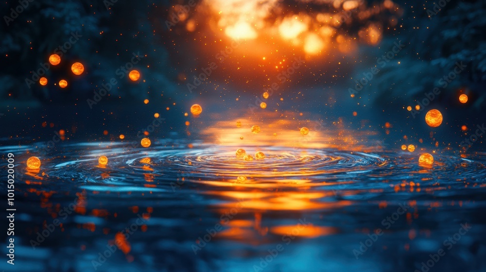 Naklejka premium A floating Yokai with glowing orbs surrounding it, drifting over a calm lake at dusk, viewed from a high angle to capture its ghostly reflection on the water Combinations Flowing blue and gold 