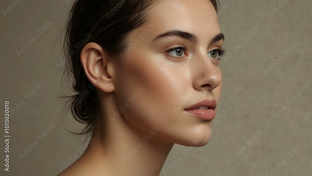 Profile of a young woman with minimal makeup against a neutral background, showcasing glowing skin. Profile of a young woman with minimal makeup against a neutral background, showcasing glowing skin.