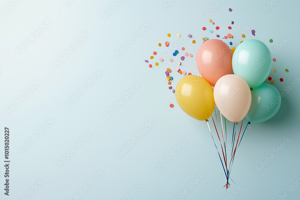Colorful balloons with ribbons float alongside scattered confetti, creating a cheerful and party-like atmosphere on a light blue backdrop. Colorful balloons with ribbons float alongside scattered confetti, creating a cheerful and party-like atmosphere on a light blue backdrop.