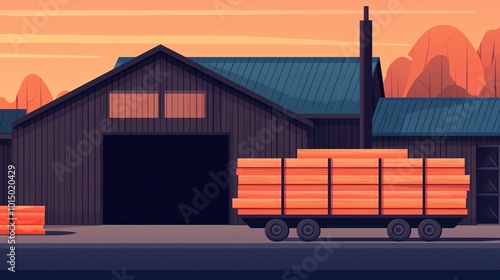 Sawmill production process flat design, side view, lumber theme, water color, colored pastel photo