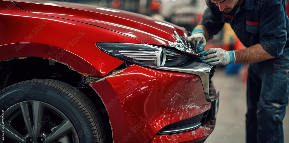Fototapeta premium A car mechanic in uniform is fixing a red car with a damaged fender after an accident at the service center of a vehicle repair shop.