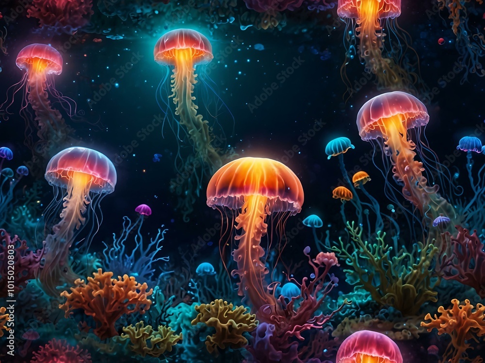 Psychedelic underwater scene with glowing jellyfish-like creatures. Psychedelic underwater scene with glowing jellyfish-like creatures.