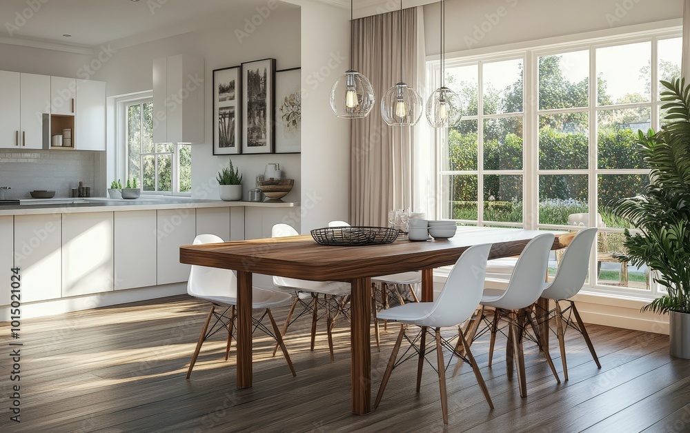 Fototapeta premium A modern dining area featuring a wooden table, white chairs, and large windows overlooking a garden.
