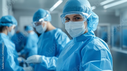 Workers in a cleanroom environment assembling medical devices, medical device production, hightech health manufacturing