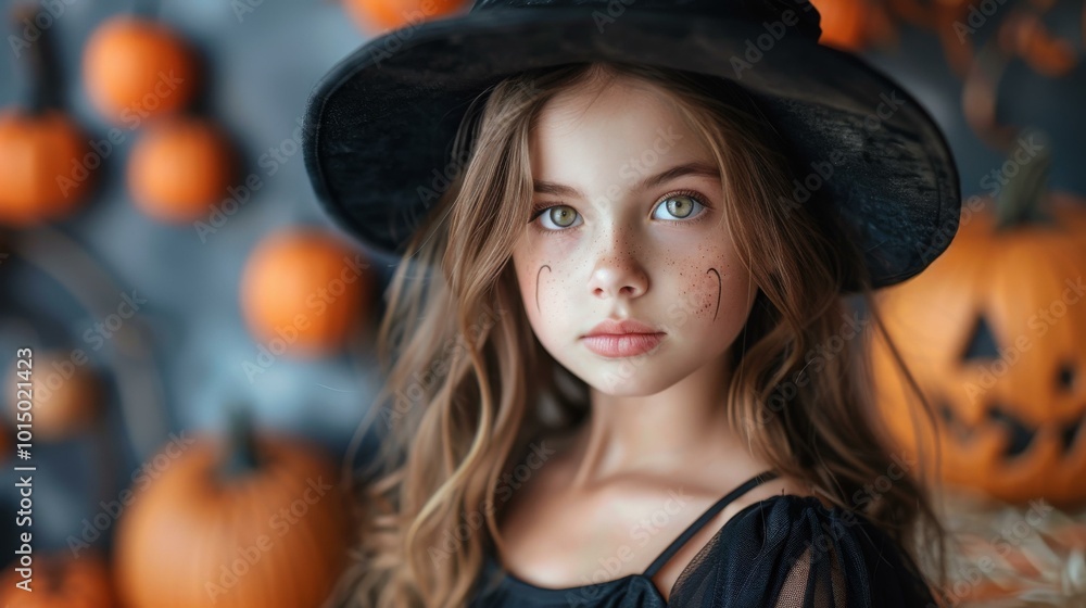young girl dressed in a spooky halloween costume with a witch hat, standing outdoors in misty evening light, cultural halloween event, copy space young girl dressed in a spooky halloween costume with a witch hat, standing outdoors in misty evening light, cultural halloween event, copy space