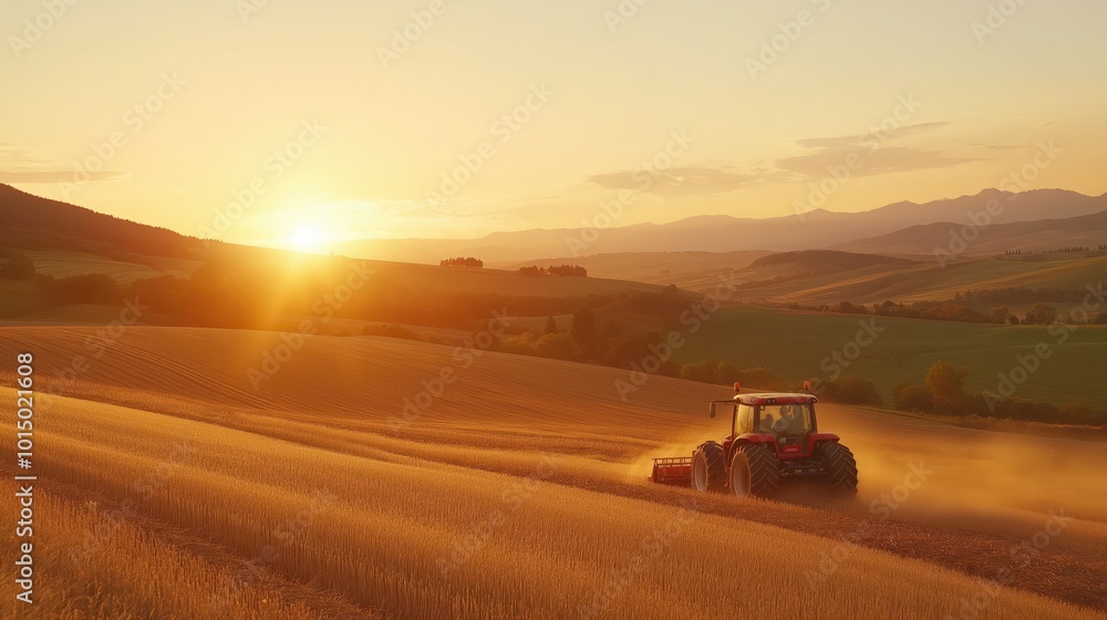 Tractor Plowing a Field at Sunset in Summer With a Majestic Landscape of Rolling Hills and Golden Light Tractor Plowing a Field at Sunset in Summer With a Majestic Landscape of Rolling Hills and Golden Light