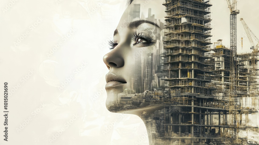A double exposure of a woman engineer face and a city under construction, symbolizing urban development. A double exposure of a woman engineer face and a city under construction, symbolizing urban development.