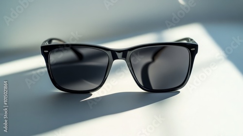 Stylish Black Sunglasses: A close-up shot of sleek black sunglasses, casting a dramatic shadow against a bright backdrop. Perfect for fashion, travel, and lifestyle imagery. 