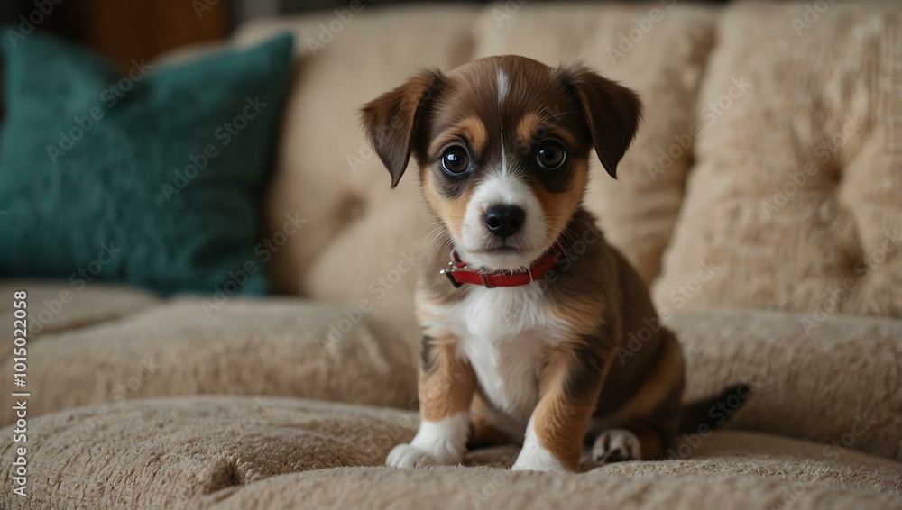 Obraz premium Puppy with big eyes sitting on a couch.