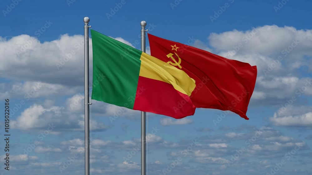 Soviet Union or USSR and Benin flags flying together, video concept of the relationship, two country cooperation concept Soviet Union or USSR and Benin flags flying together, video concept of the relationship, two country cooperation concept
