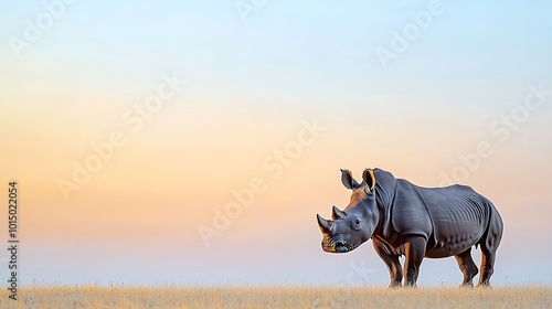 An enchanting view of a black rhino standing majestically in a golden savannah at sunset, its silhouette contrasting beautifully against the warm hues of the sky. The scene highlights the strength photo