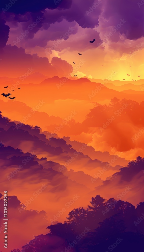 Minimalist Halloween Abstract Scene with Bats and Foggy Purple-Orange Gradient Minimalist Halloween Abstract Scene with Bats and Foggy Purple-Orange Gradient