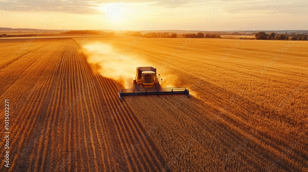 Fototapeta premium A drone shot of a combine harvester working its way through a vast golden barley field at dusk.