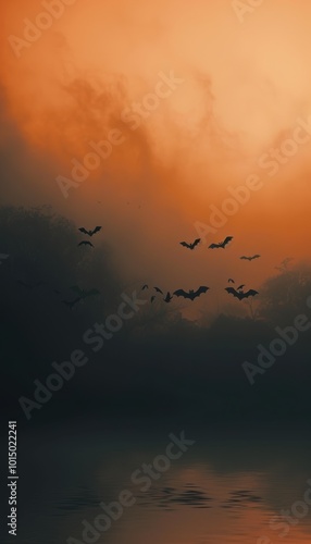 Abstract Halloween Scene with Subtle Ghostly Shapes and Bats Flying in a Foggy Orange and Black Sky