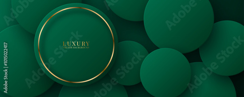 3D green luxury abstract background overlap layer on dark space with golden lines circles decoration. Modern graphic design element cutout shape style concept for web, flyer, card or brochure cover