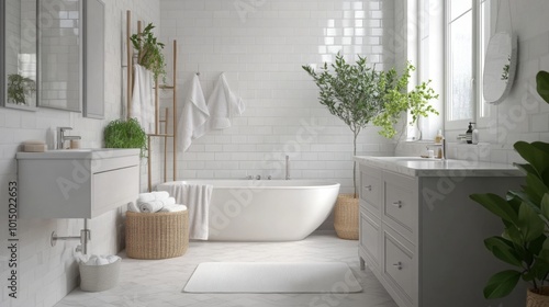 A white bathroom with a large freestanding bathtub. The bathroom has large windows and white tiles. There are plants in the room and a white vanity with a mirror. photo