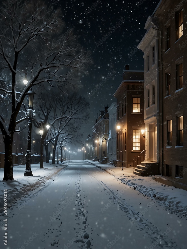 Quiet snowy street at night with falling snowflakes Quiet snowy street at night with falling snowflakes