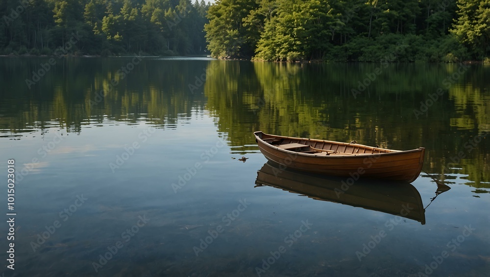 Quiet lake scene with a wooden rowboat. Quiet lake scene with a wooden rowboat.