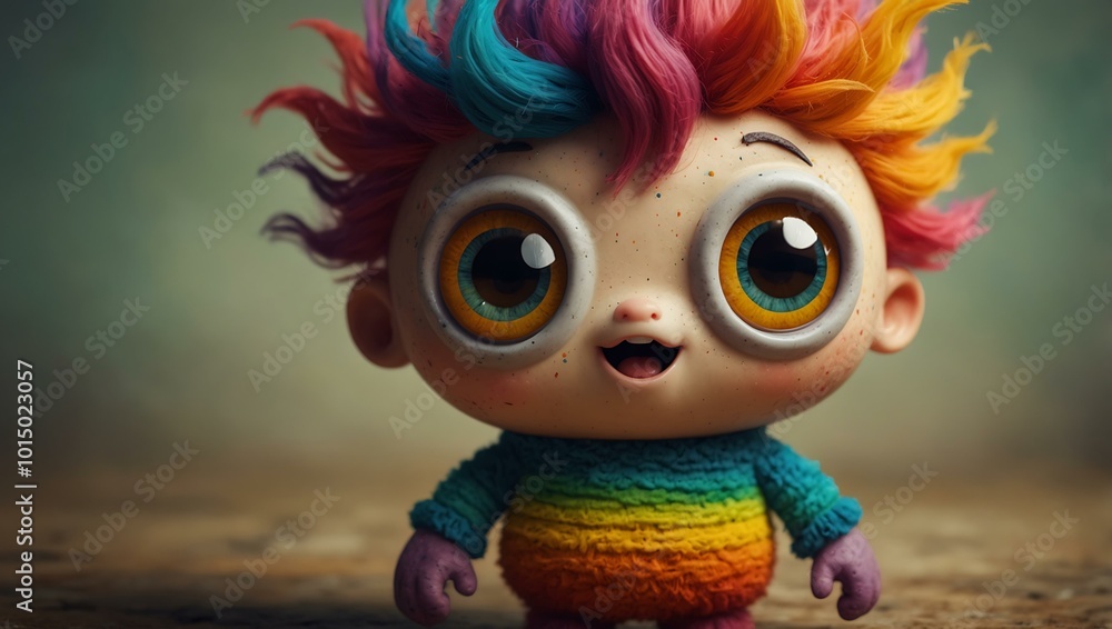Quirky creature with colorful hair and big eyes, spreading joy. Quirky creature with colorful hair and big eyes, spreading joy.