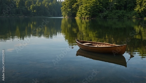 Quiet lake scene with a wooden rowboat.