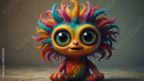 Quirky creature with colorful hair and big eyes, spreading joy.