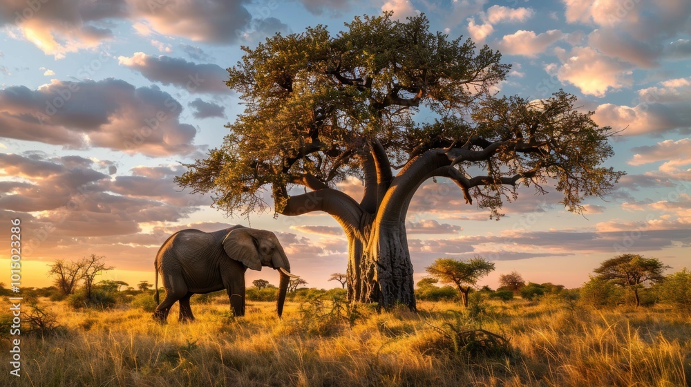 Fototapeta premium Majestic Elephant Under Baobab Tree in African Savannah at Sunset - Perfect for Prints and Posters