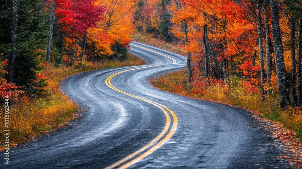 Naklejka premium A winding paved road through a lush autumn forest with vibrant foliage.